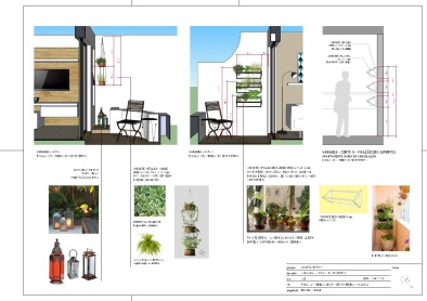 Prancha de apresentação da varanda, com sugestão de espécies vegetais, suportes e objetos decorativos